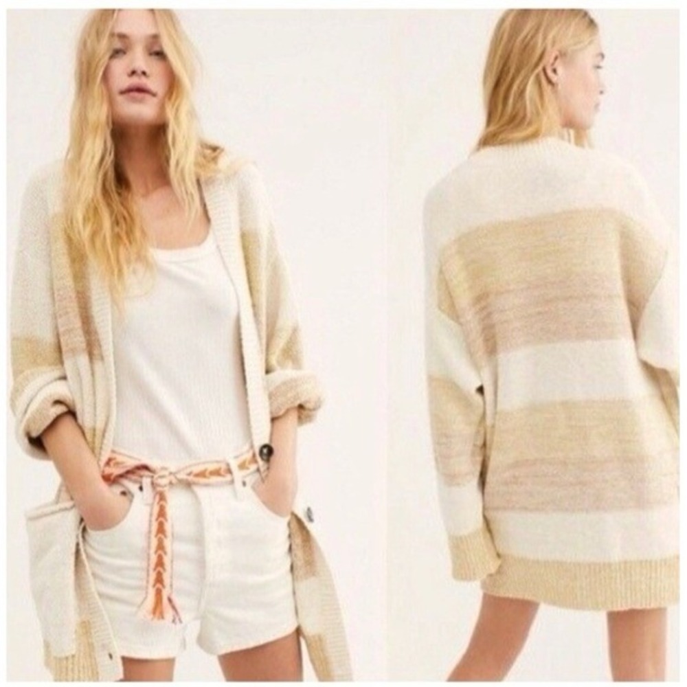 Free People Southport Beach Cardigan Grains Combo Sweater Knit L Oversized‎ Boho